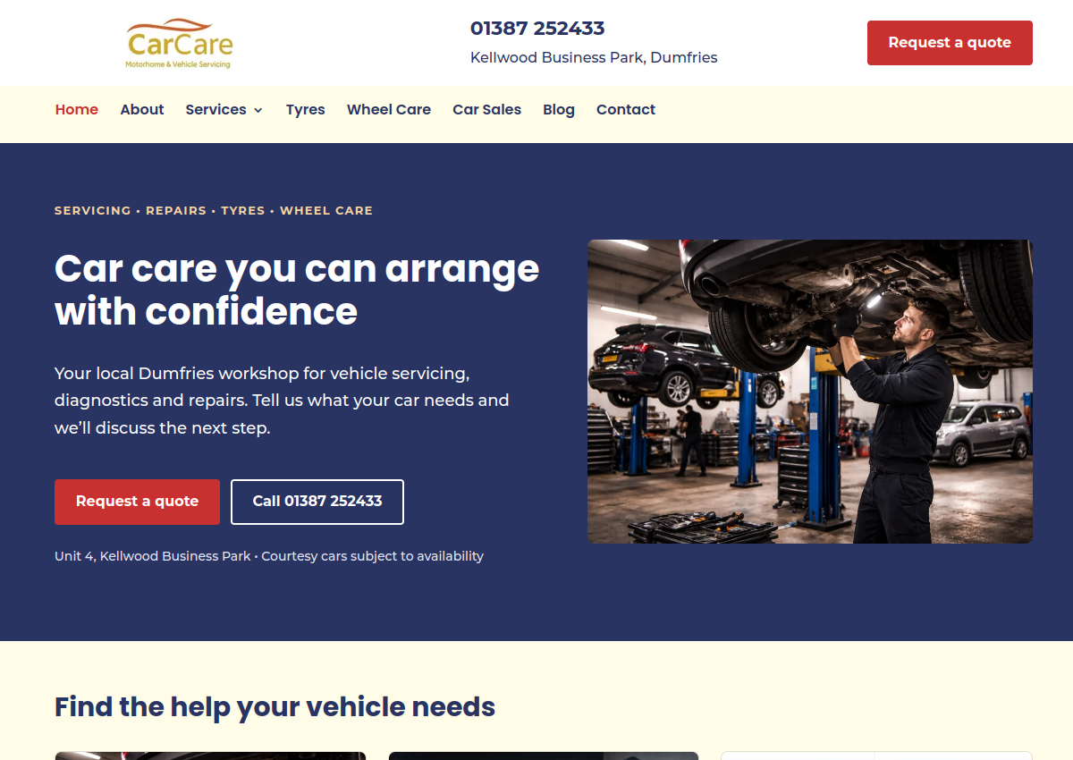 Website screenshot of Car Care Dumfries